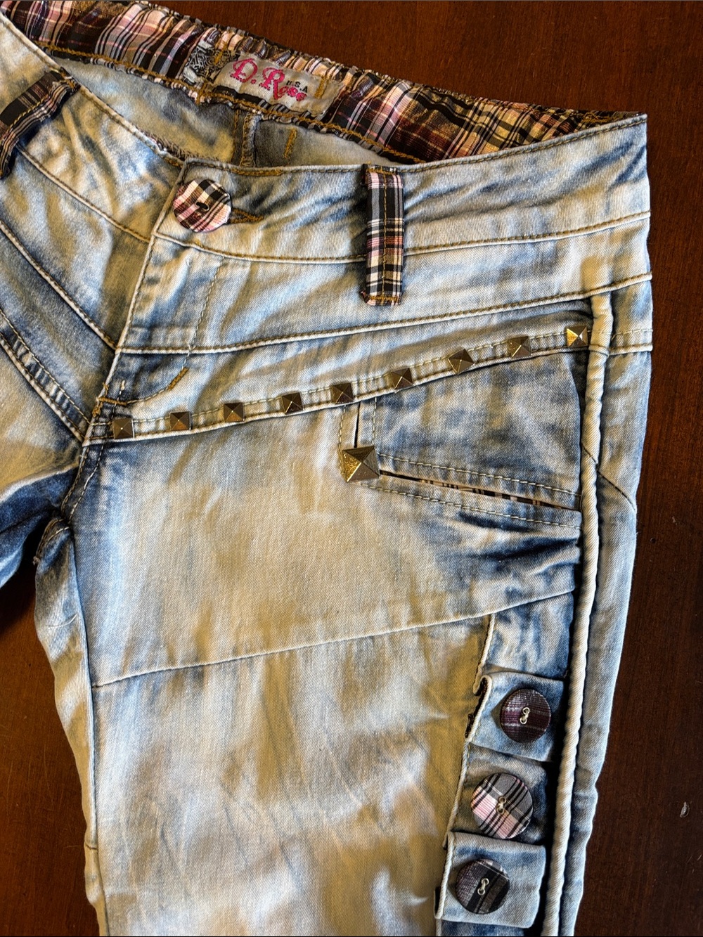 D.ROSE USA- RARE Light Wash Chambray Pants with Studs and Plaid Trim (L-101)